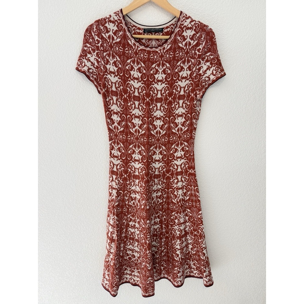 Peruvian Connection Stretchy Pima Cotton Damask Print Dress Small Burnt Red